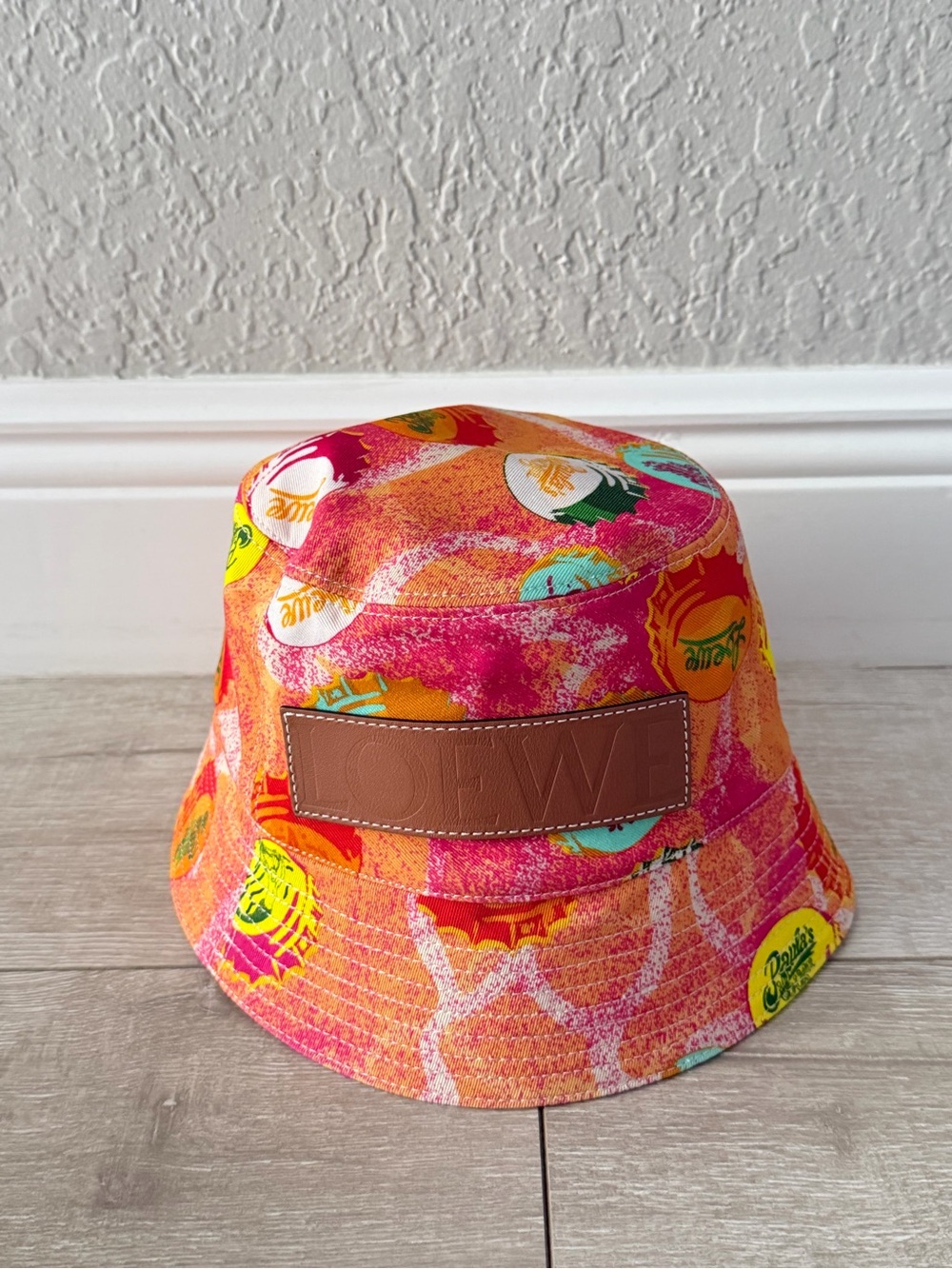 Adult unisex size 59 Paula’s Ibiza Bright Pink & Orange Bottle caps  Bucket Hat
